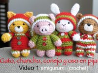 Oso, gato, chancho y conejo bebés en pijamas (crochet-amigurumi) Parte 1